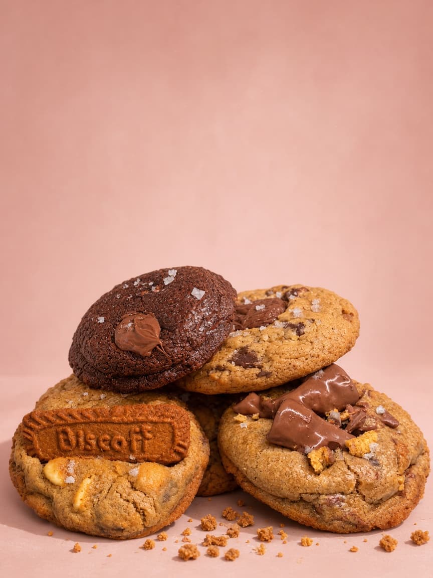 Fire Chunks-cookies på rosa bakgrunn